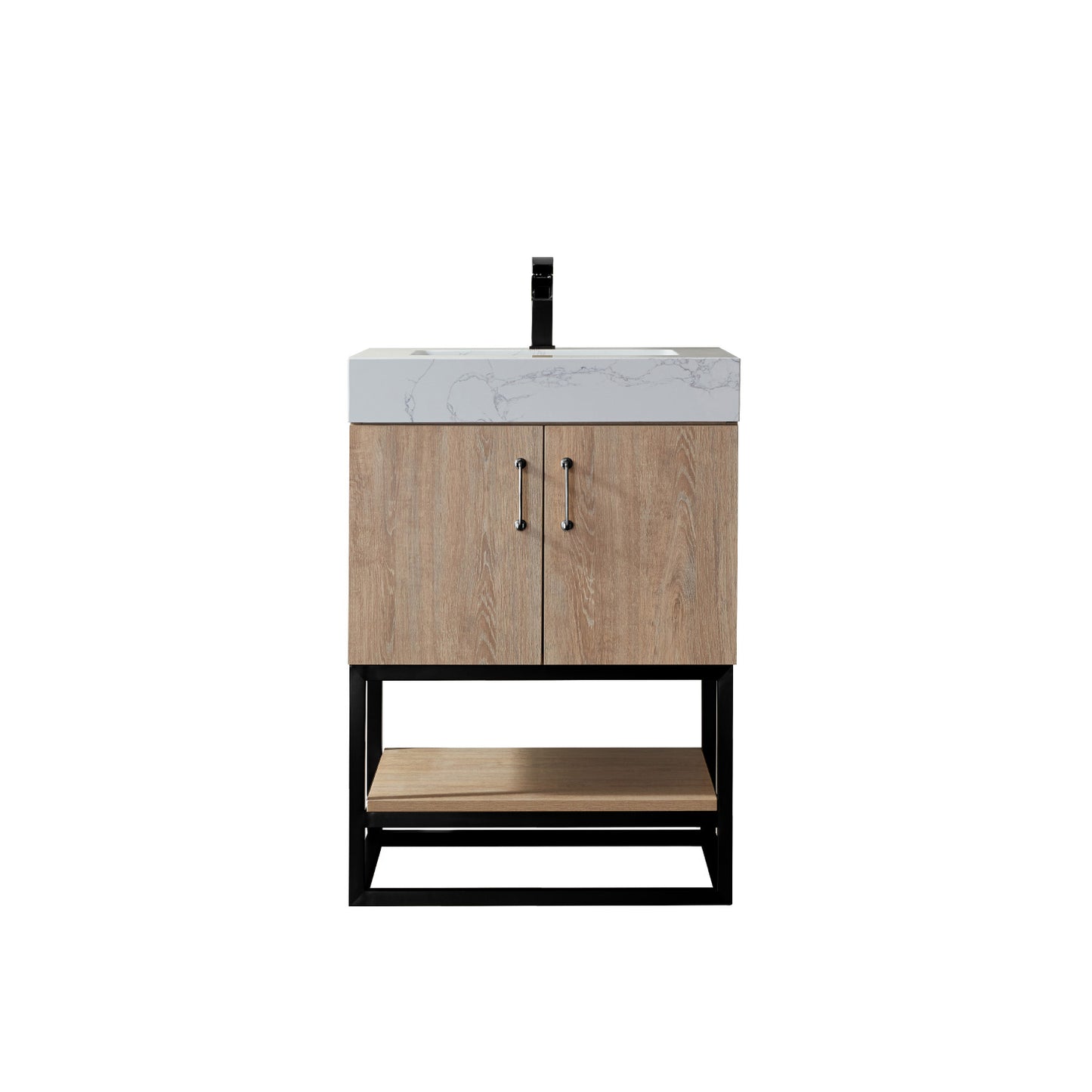 Alistair 24B" Single Vanity in North American Oak with White Grain Stone Countertop Without Mirror