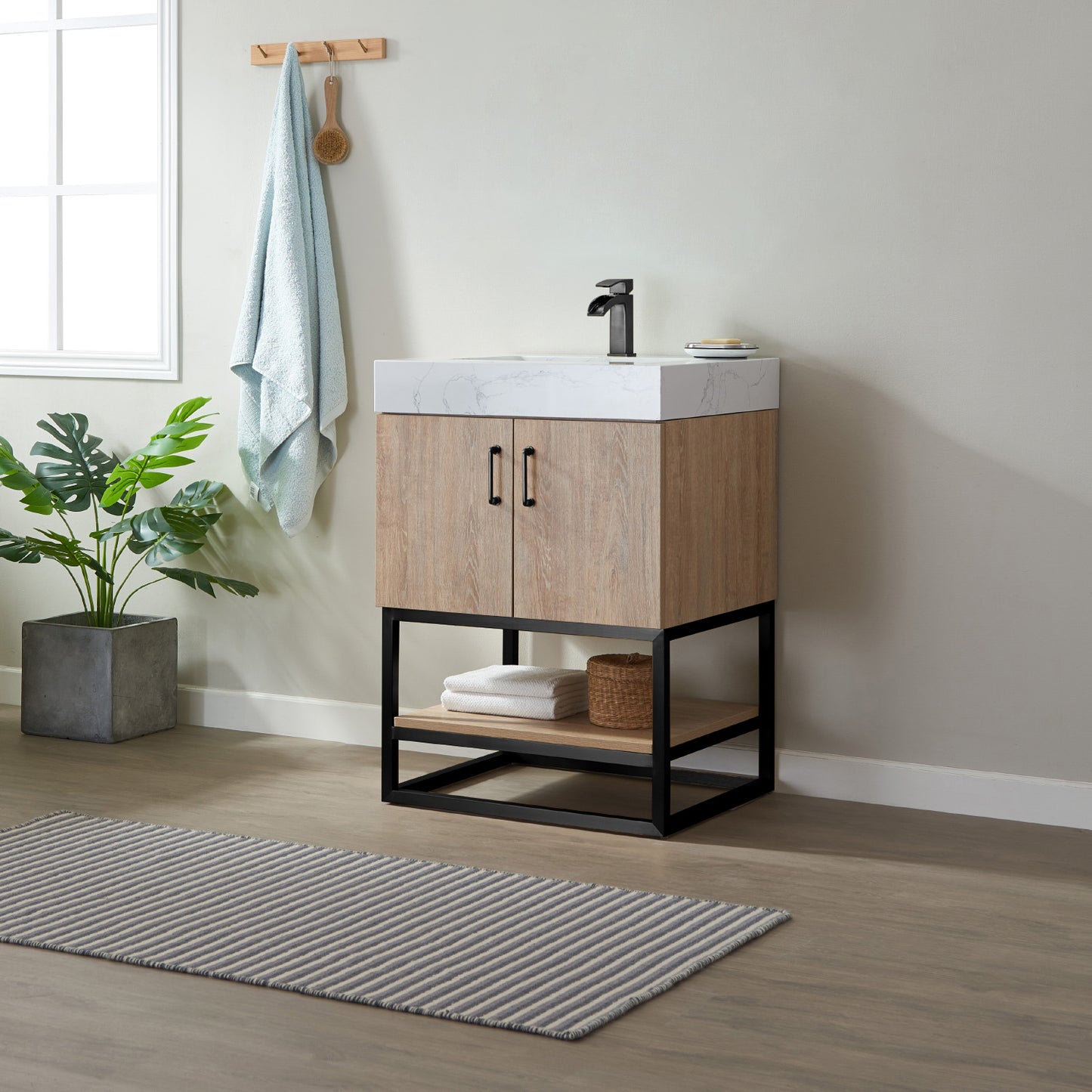 Alistair 24B" Single Vanity in North American Oak with White Grain Stone Countertop Without Mirror