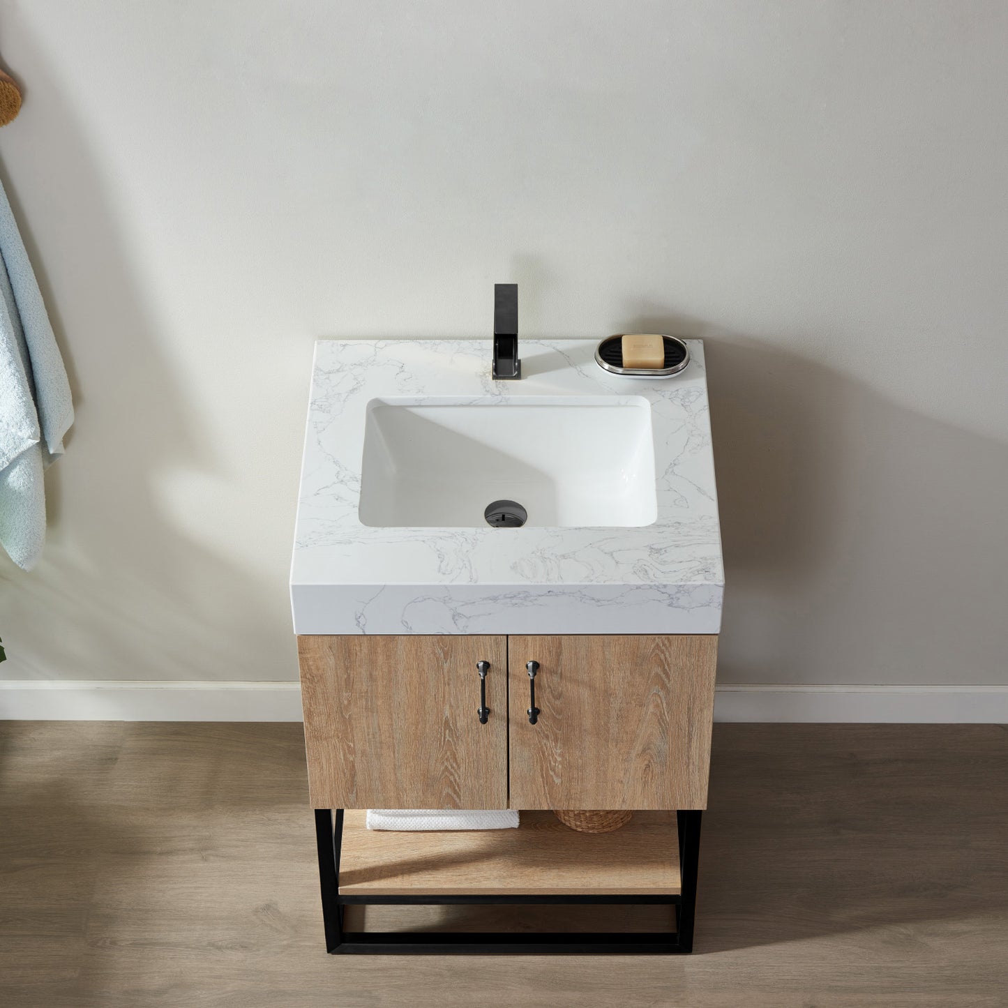 Alistair 24B" Single Vanity in North American Oak with White Grain Stone Countertop Without Mirror