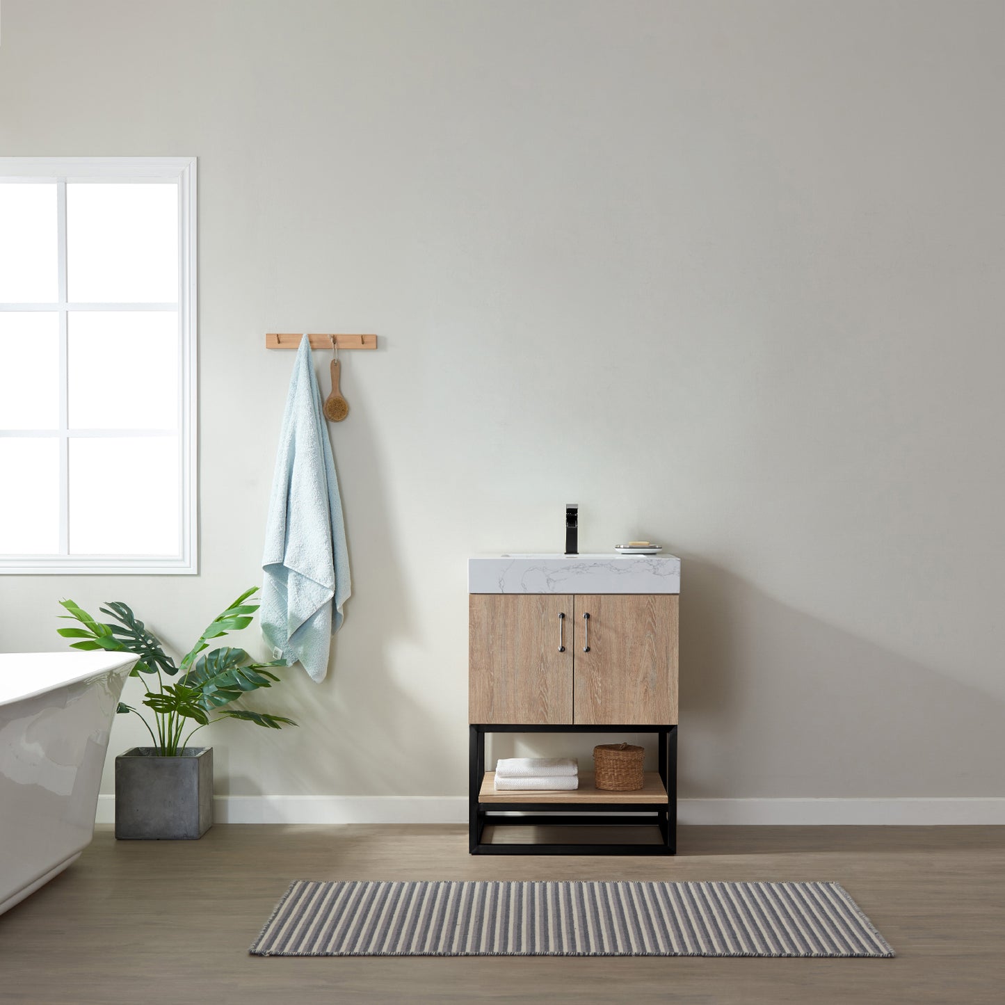 Alistair 24B" Single Vanity in North American Oak with White Grain Stone Countertop Without Mirror