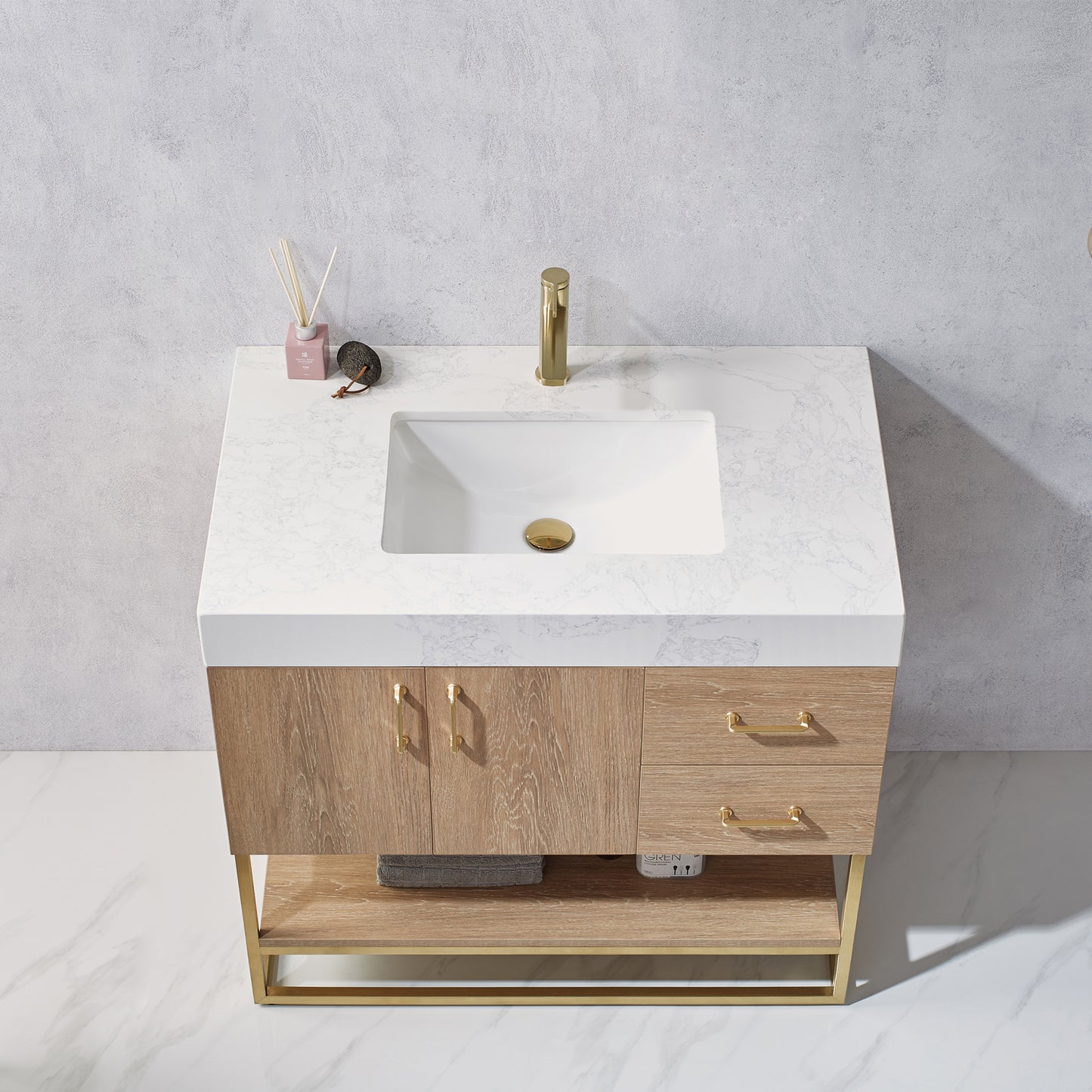 Alistair 36" Single Vanity in North American Oak with White Grain Stone Countertop Without Mirror