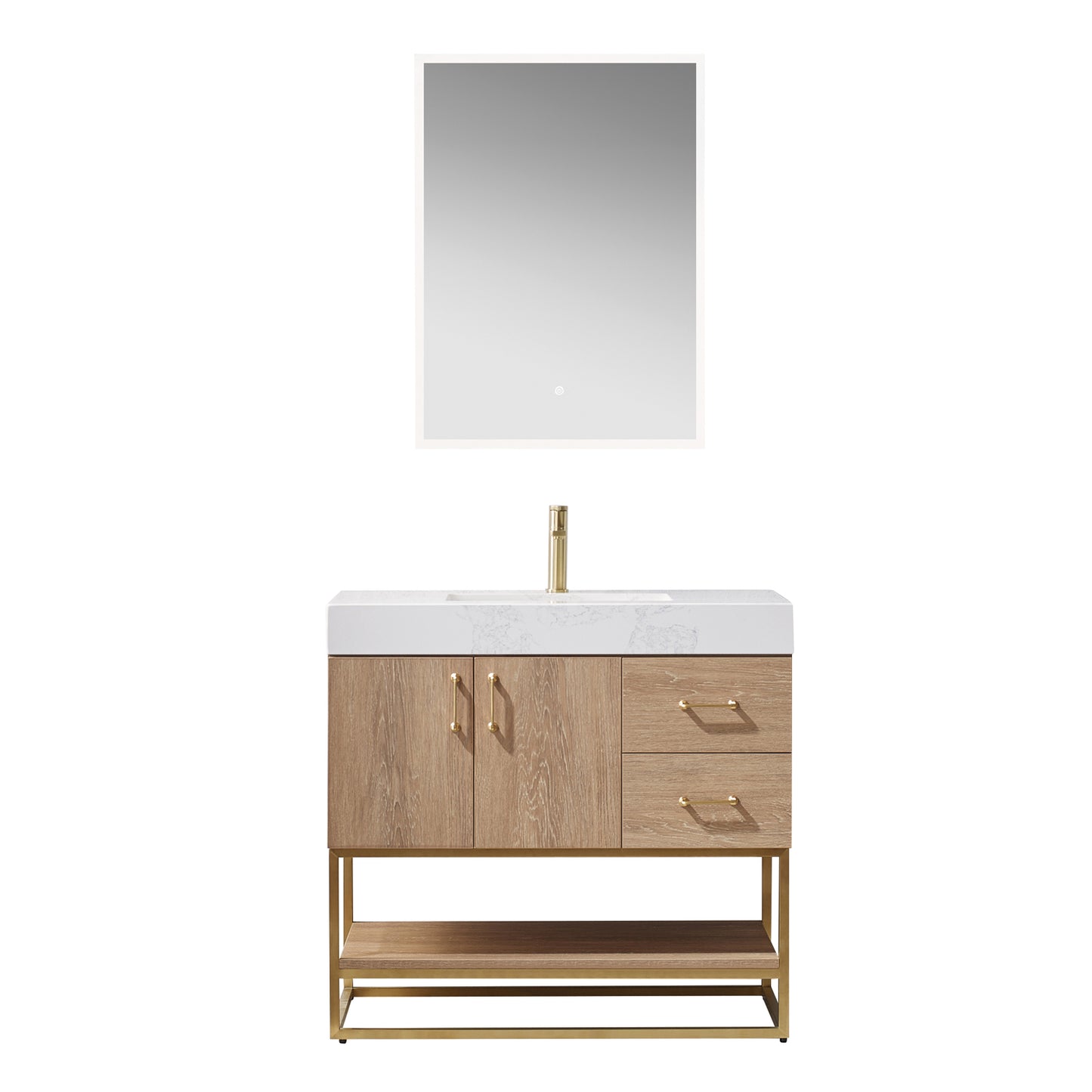 Alistair 36" Single Vanity in North American Oak with White Grain Stone Countertop With Mirror