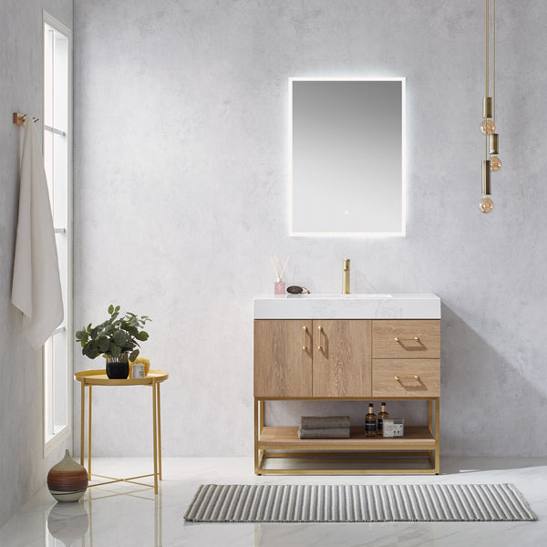 Alistair 36 Single Vanity in North American Oak with White Grain Stone Countertop With Mirror