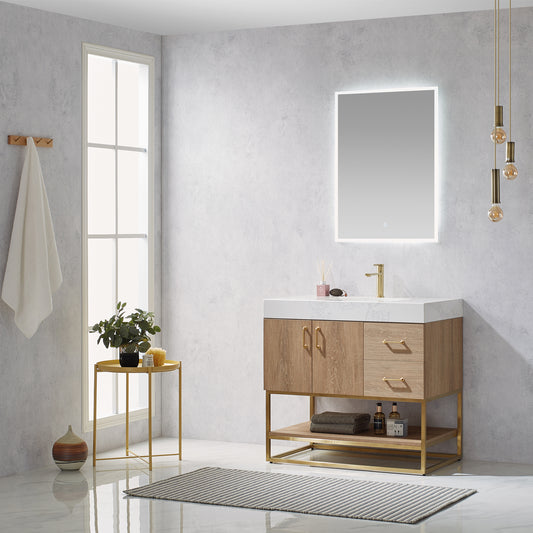 Alistair 36" Single Vanity in North American Oak with White Grain Stone Countertop With Mirror