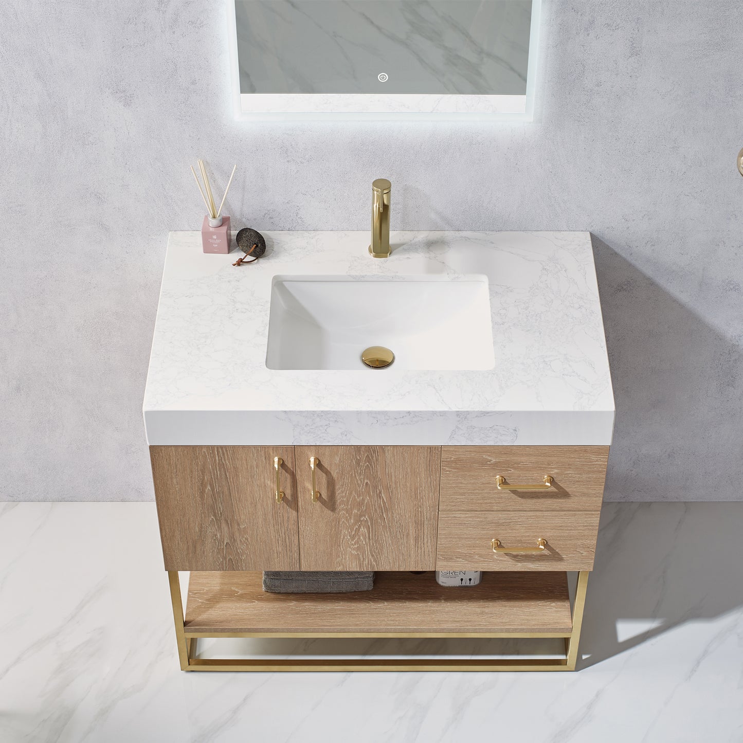 Alistair 36" Single Vanity in North American Oak with White Grain Stone Countertop With Mirror