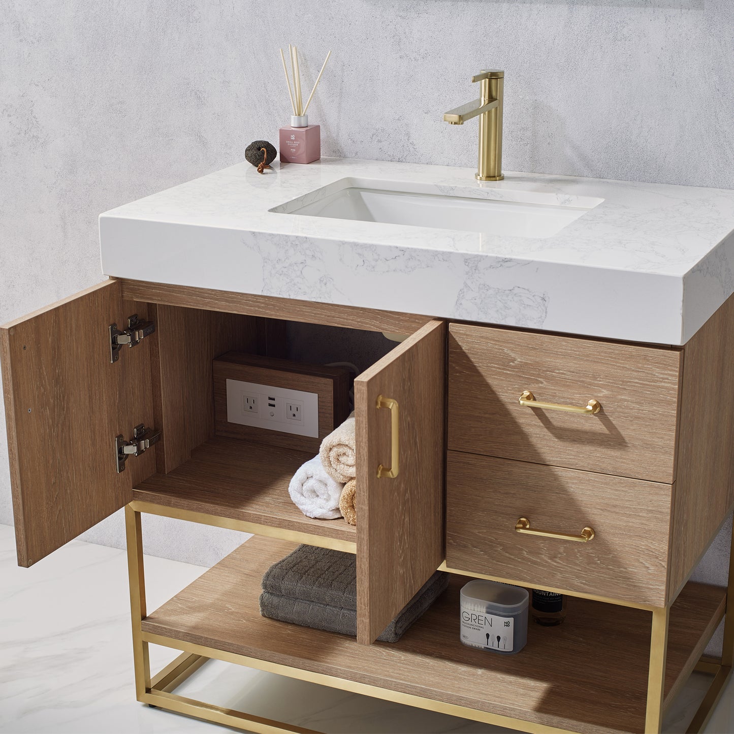 Alistair 36" Single Vanity in North American Oak with White Grain Stone Countertop With Mirror