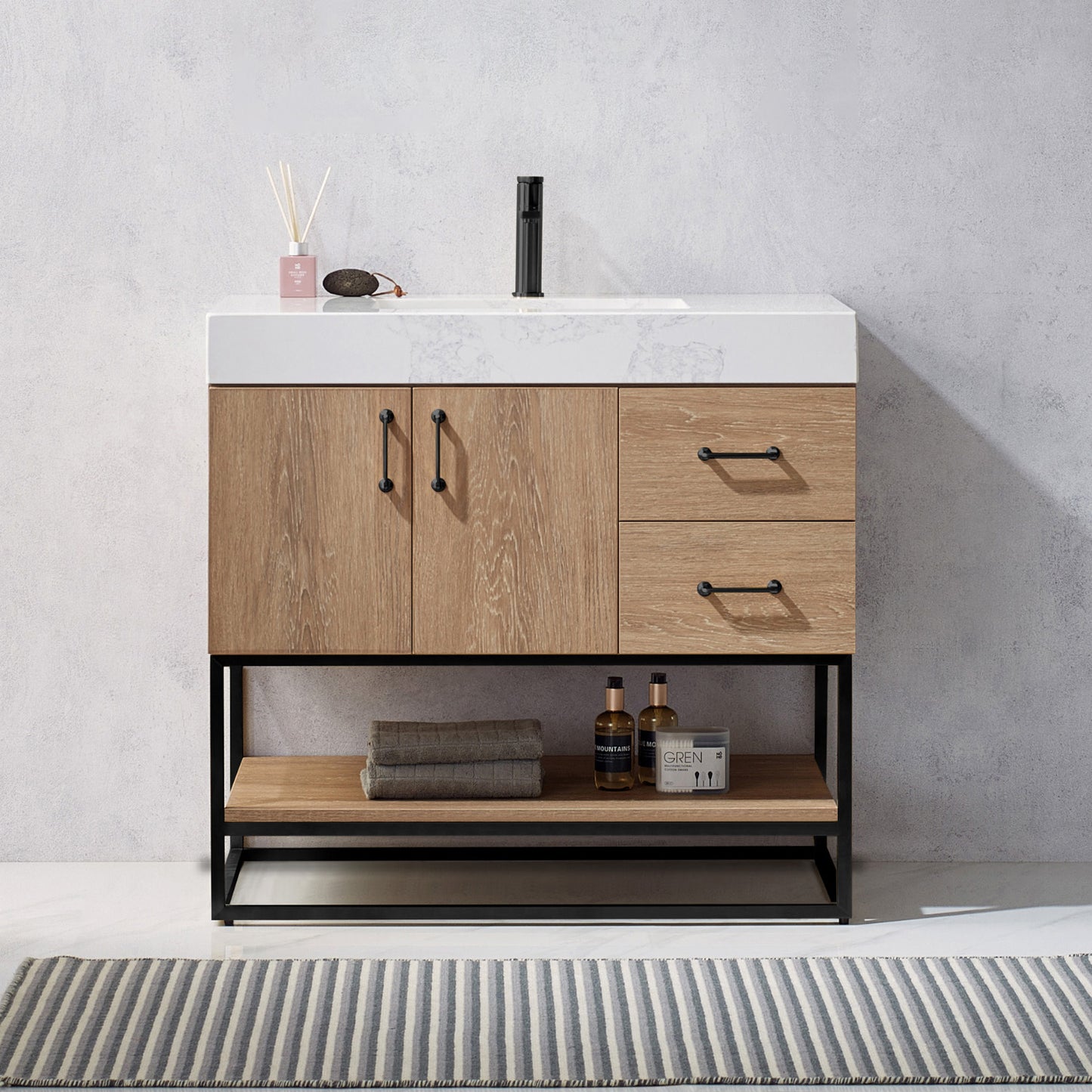 Alistair 36B" Single Vanity in North American Oak with White Grain Stone Countertop Without Mirror