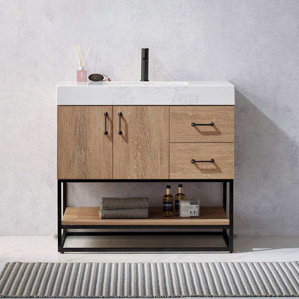 Alistair 36B Single Vanity in North American Oak with White Grain Stone Countertop Without Mirror