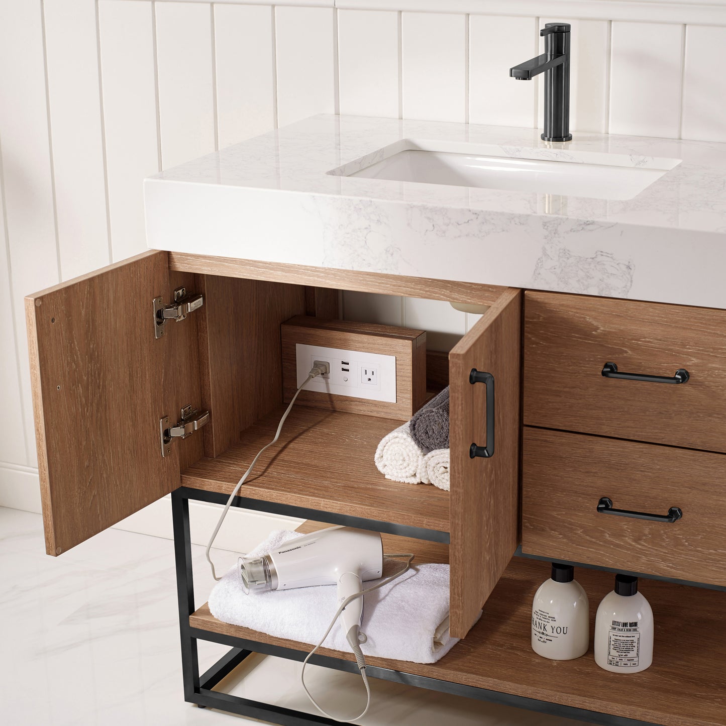 Alistair 36B" Single Vanity in North American Oak with White Grain Stone Countertop Without Mirror