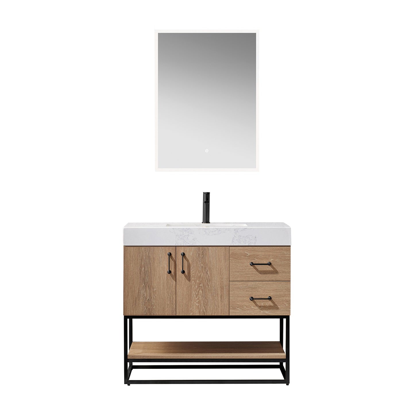 Alistair 36B" Single Vanity in North American Oak with White Grain Stone Countertop With Mirror