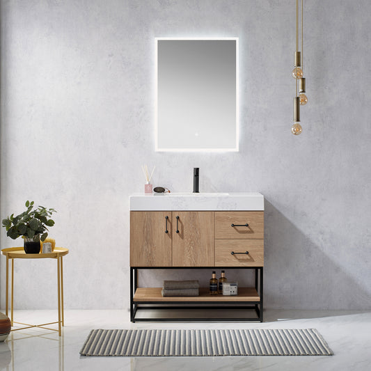 Alistair 36B" Single Vanity in North American Oak with White Grain Stone Countertop With Mirror