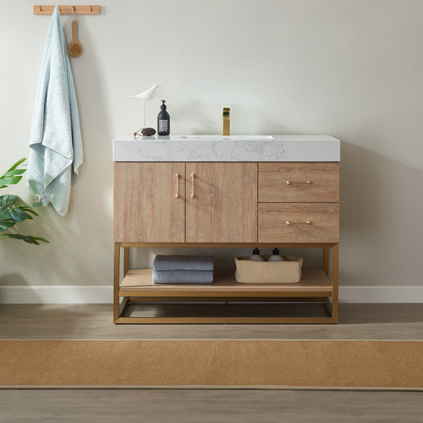 Alistair 42 Single Vanity in North American Oak with White Grain Stone Countertop Without Mirror