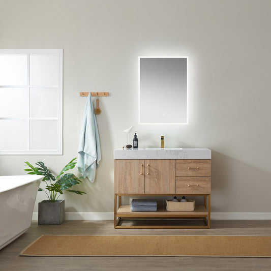 Alistair 42" Single Vanity in North American Oak with White Grain Stone Countertop With Mirror