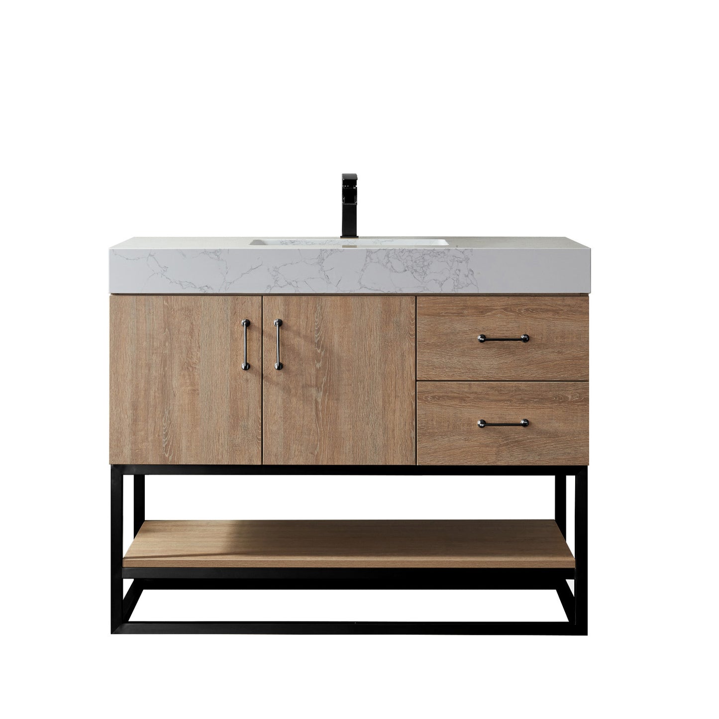 Alistair 42B" Single Vanity in North American Oak with White Grain Stone Countertop Without Mirror