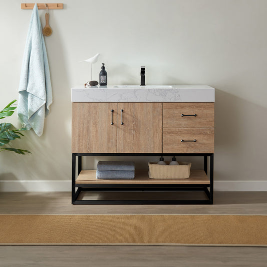 Alistair 42B" Single Vanity in North American Oak with White Grain Stone Countertop Without Mirror