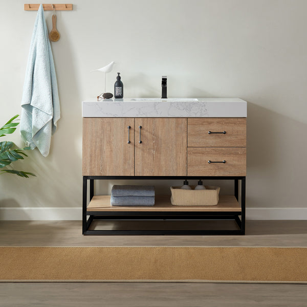 Alistair 42B Single Vanity in North American Oak with White Grain Stone Countertop Without Mirror