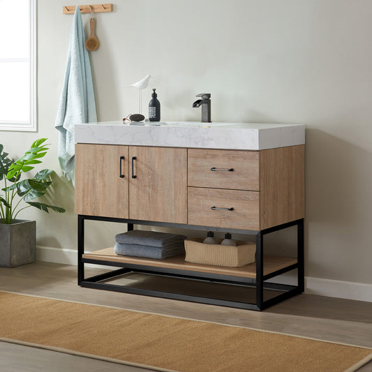 Alistair 42B" Single Vanity in North American Oak with White Grain Stone Countertop Without Mirror