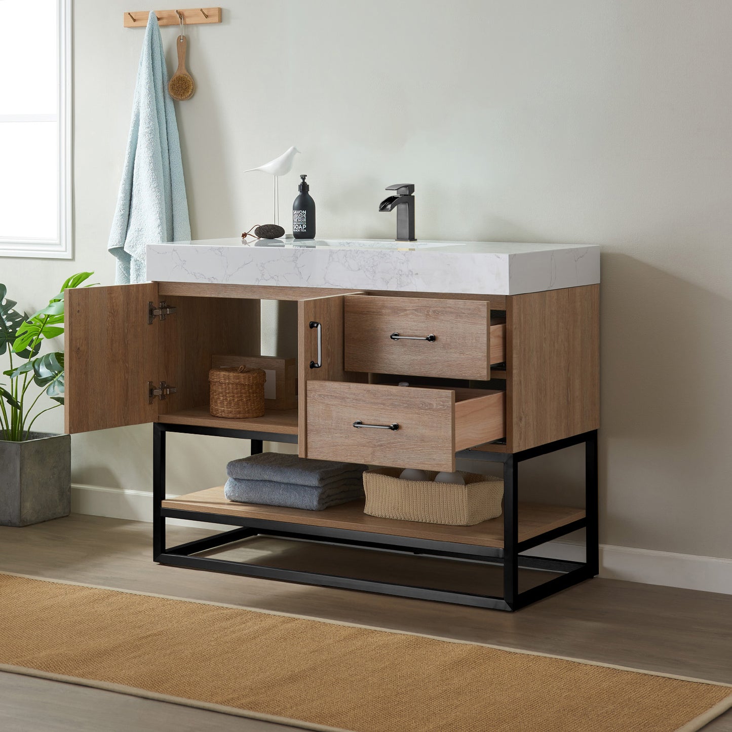 Alistair 42B" Single Vanity in North American Oak with White Grain Stone Countertop Without Mirror