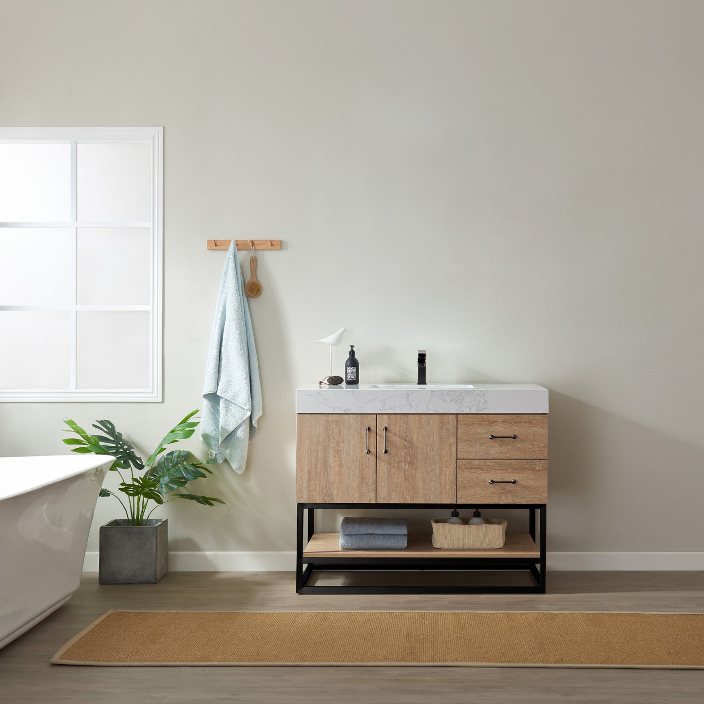 Alistair 42B" Single Vanity in North American Oak with White Grain Stone Countertop Without Mirror