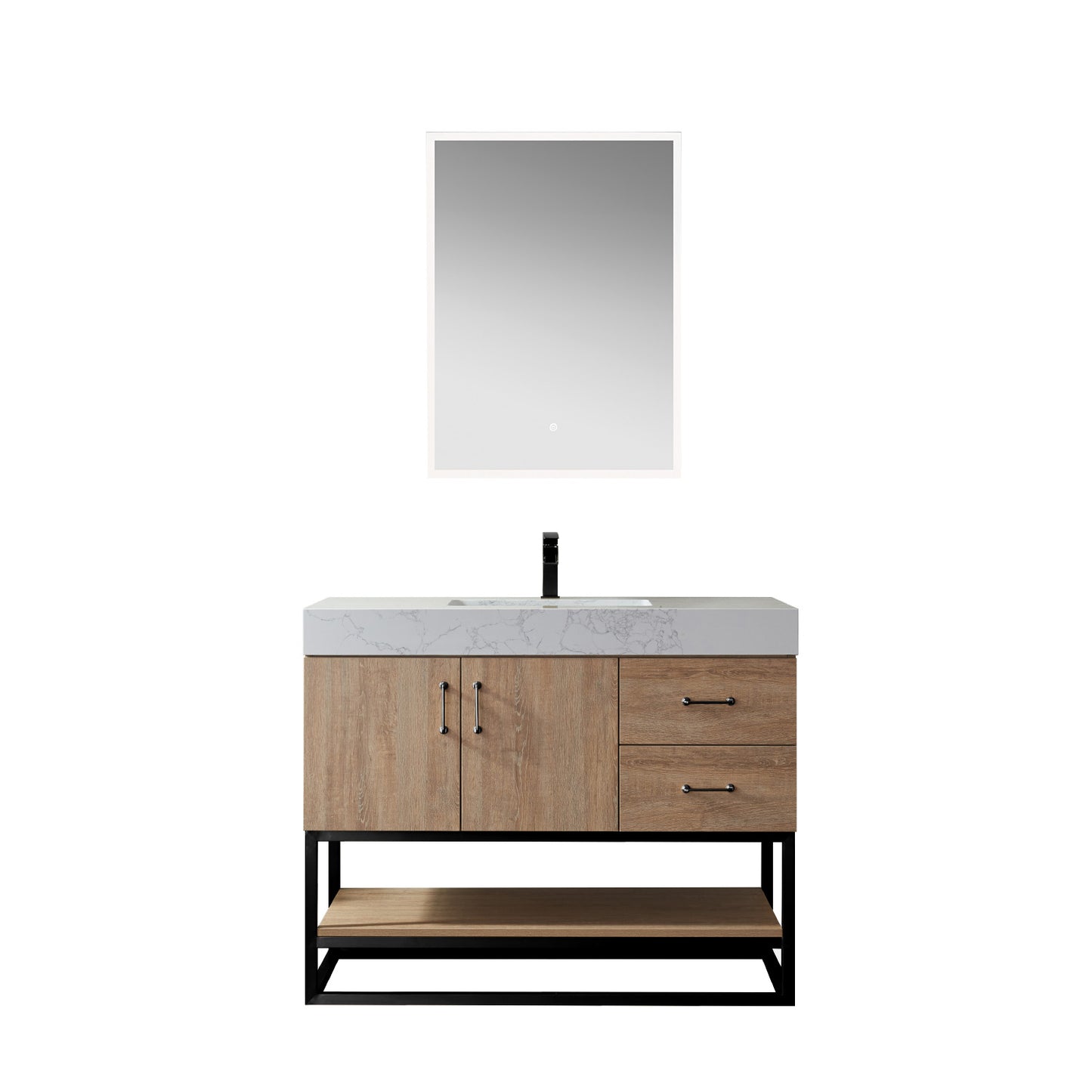 Alistair 42B" Single Vanity in North American Oak with White Grain Stone Countertop With Mirror