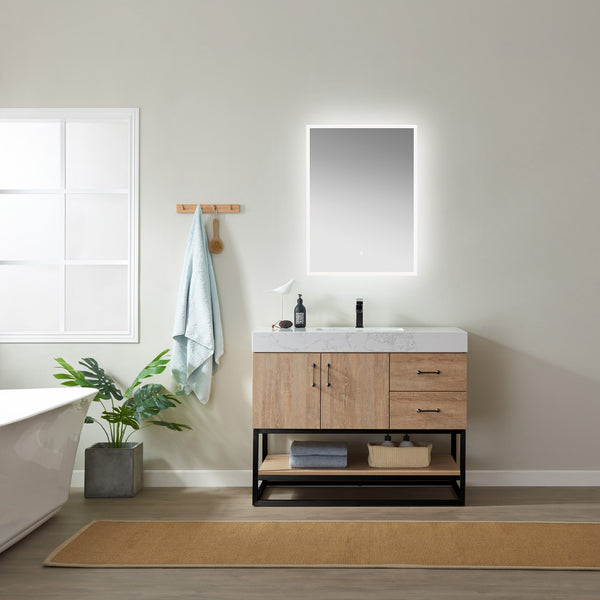 Alistair 42B Single Vanity in North American Oak with White Grain Stone Countertop With Mirror