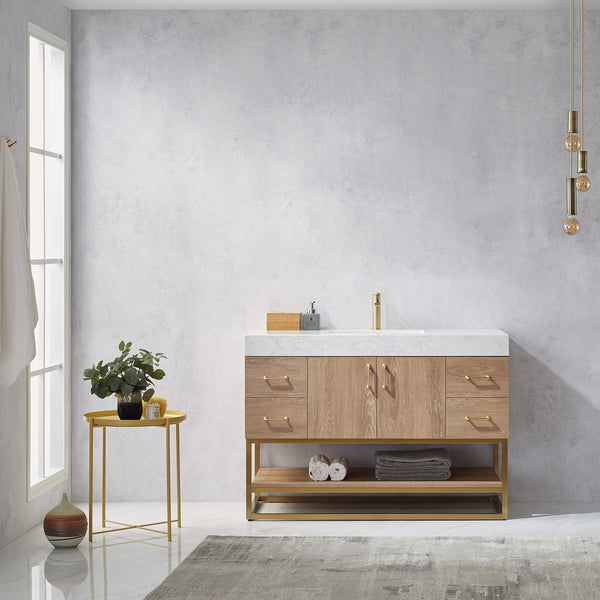 Alistair 48 Single Vanity in North American Oak with White Grain Stone Countertop Without Mirror