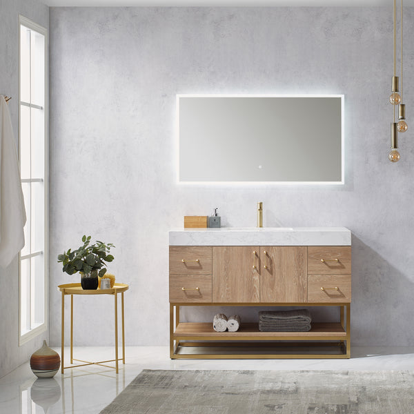 Alistair 48 Single Vanity in North American Oak with White Grain Stone Countertop With Mirror