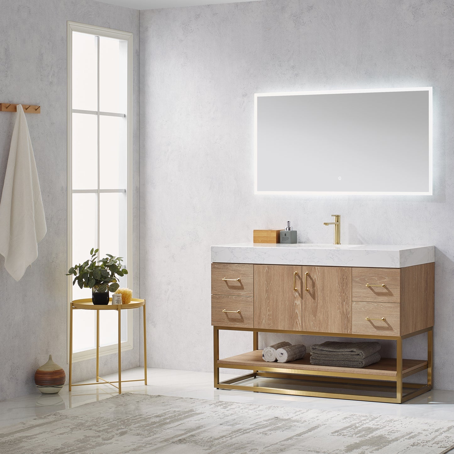 Alistair 48" Single Vanity in North American Oak with White Grain Stone Countertop With Mirror