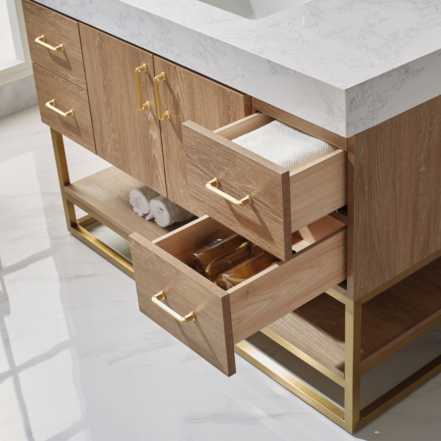 Alistair 48" Single Vanity in North American Oak with White Grain Stone Countertop With Mirror