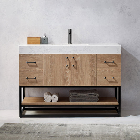 Alistair 48B" Single Vanity in North American Oak with White Grain Stone Countertop Without Mirror