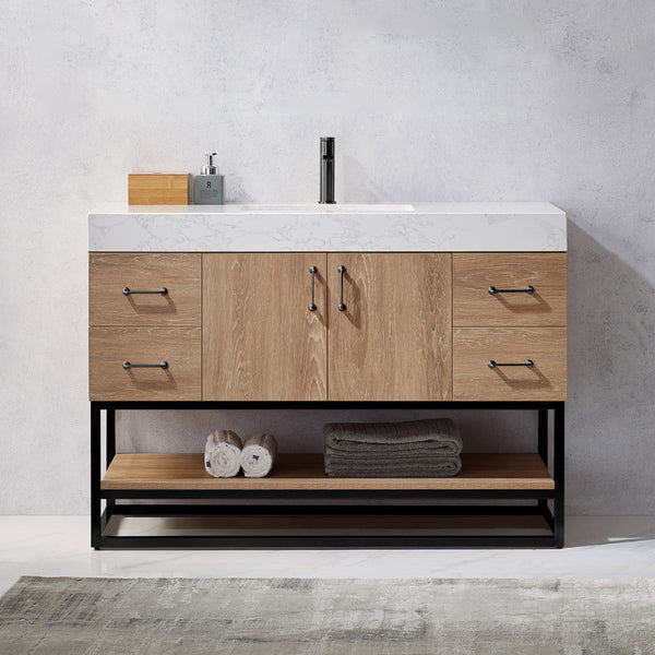 Alistair 48B Single Vanity in North American Oak with White Grain Stone Countertop Without Mirror