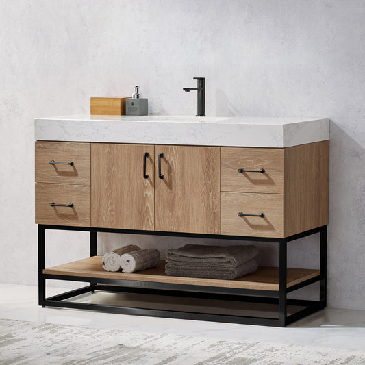 Alistair 48B" Single Vanity in North American Oak with White Grain Stone Countertop Without Mirror