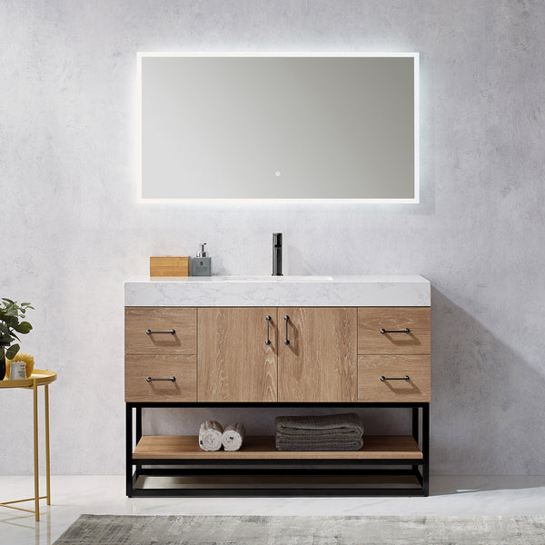 Alistair 48B Single Vanity in North American Oak with White Grain Stone Countertop With Mirror