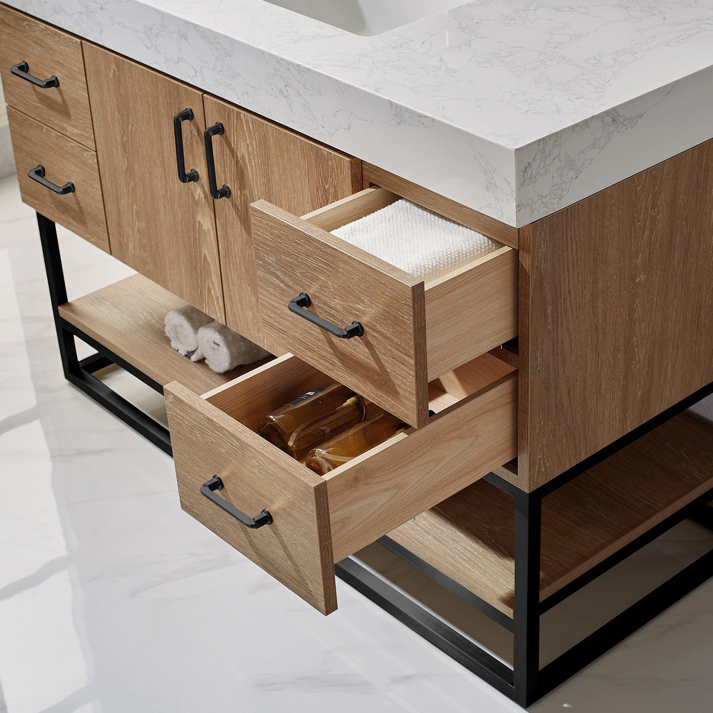 Alistair 48B" Single Vanity in North American Oak with White Grain Stone Countertop With Mirror