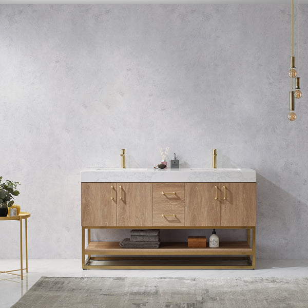 Alistair 60 Double Vanity in North American Oak with White Grain Stone Countertop Without Mirror