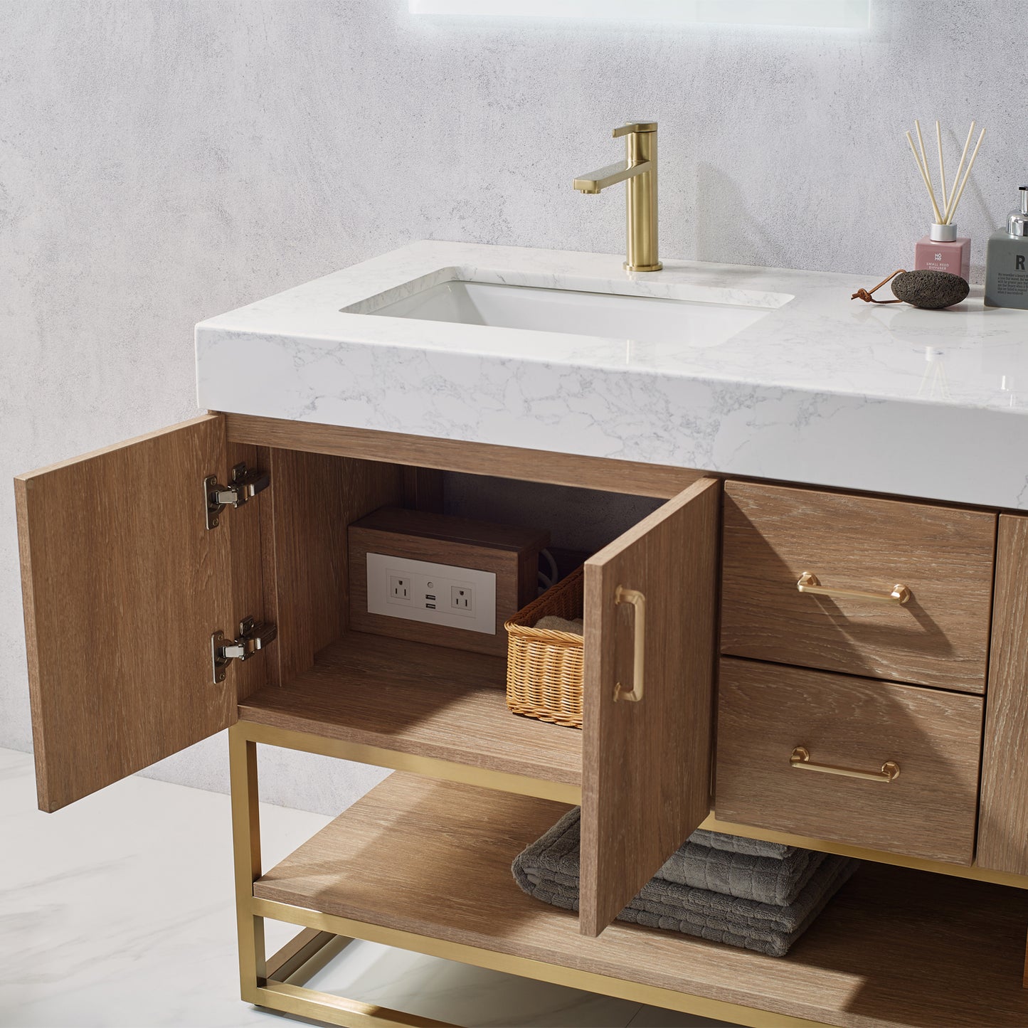 Alistair 60" Double Vanity in North American Oak with White Grain Stone Countertop Without Mirror