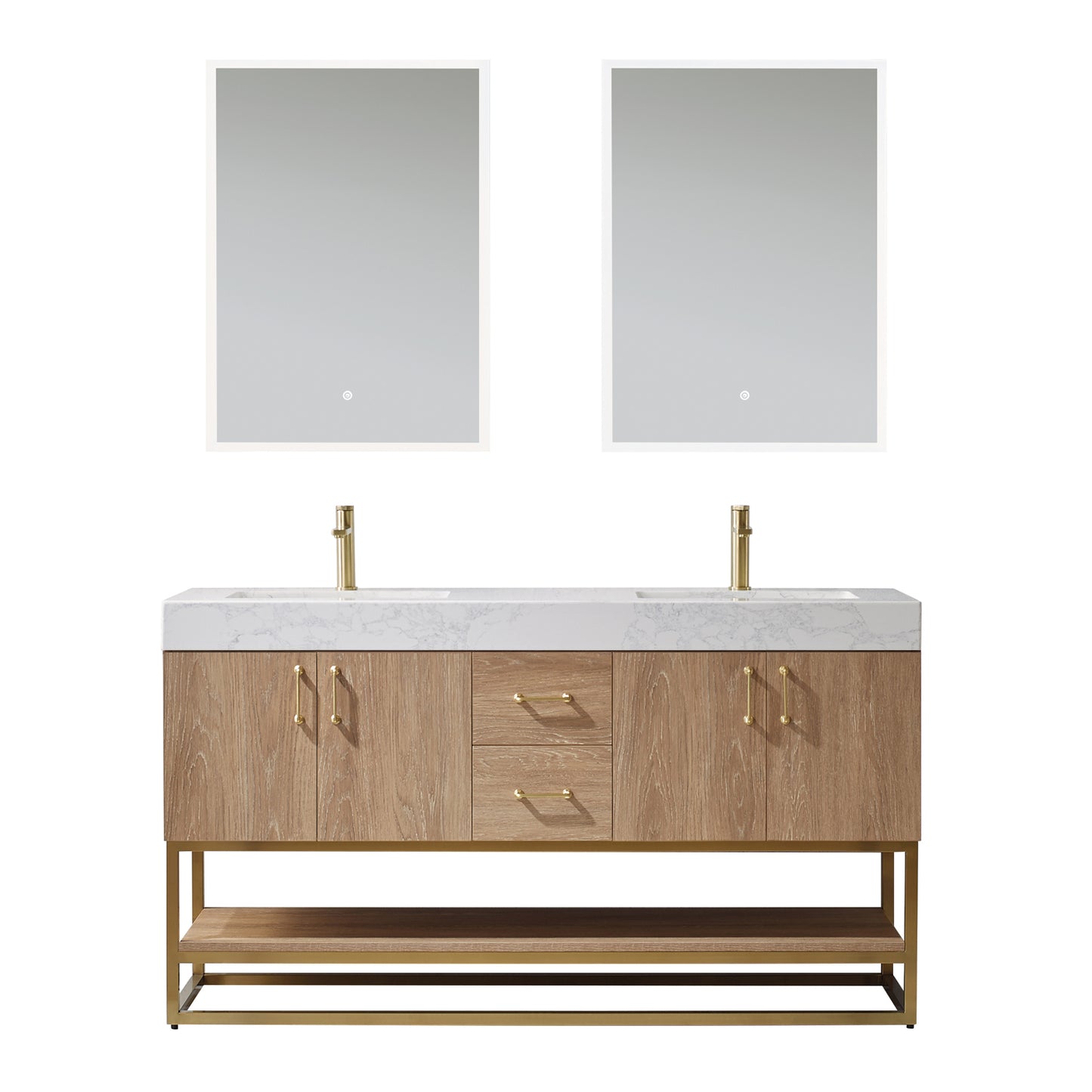 Alistair 60" Double Vanity in North American Oak with White Grain Stone Countertop With Mirror