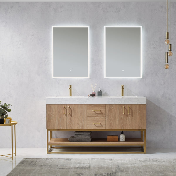 Alistair 60 Double Vanity in North American Oak with White Grain Stone Countertop With Mirror