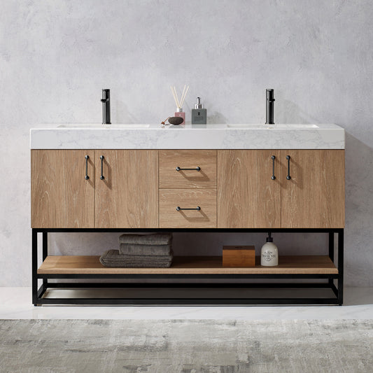 Alistair 60B" Double Vanity in North American Oak with White Grain Stone Countertop Without Mirror