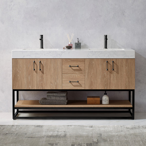 Alistair 60B Double Vanity in North American Oak with White Grain Stone Countertop Without Mirror