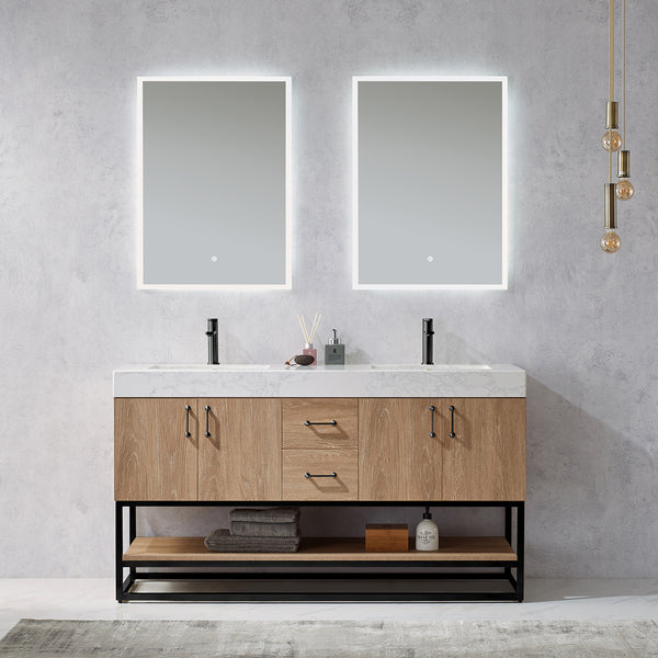Alistair 60B Double Vanity in North American Oak with White Grain Stone Countertop With Mirror