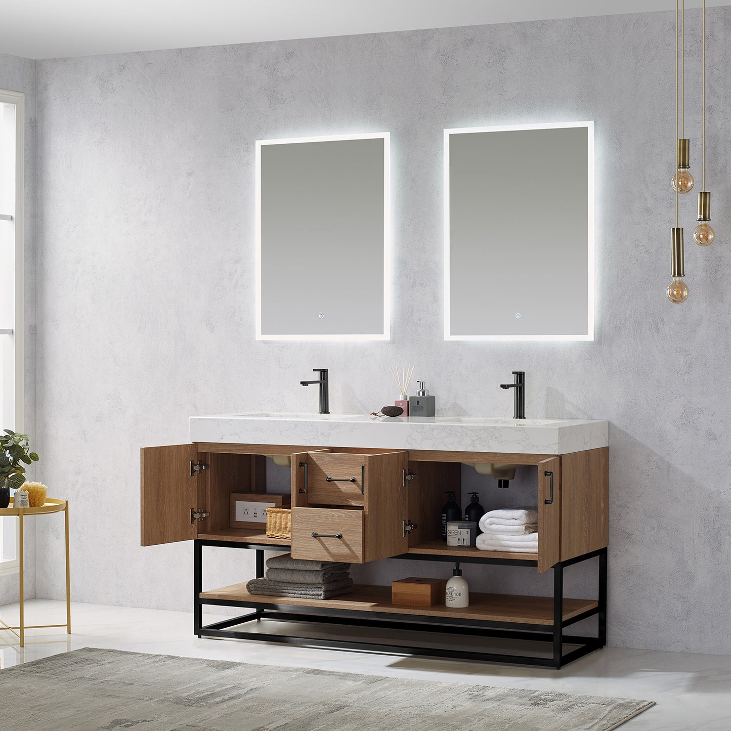 Alistair 60B" Double Vanity in North American Oak with White Grain Stone Countertop With Mirror