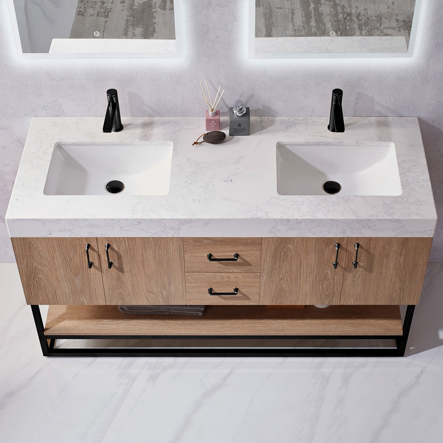 Alistair 60B" Double Vanity in North American Oak with White Grain Stone Countertop With Mirror