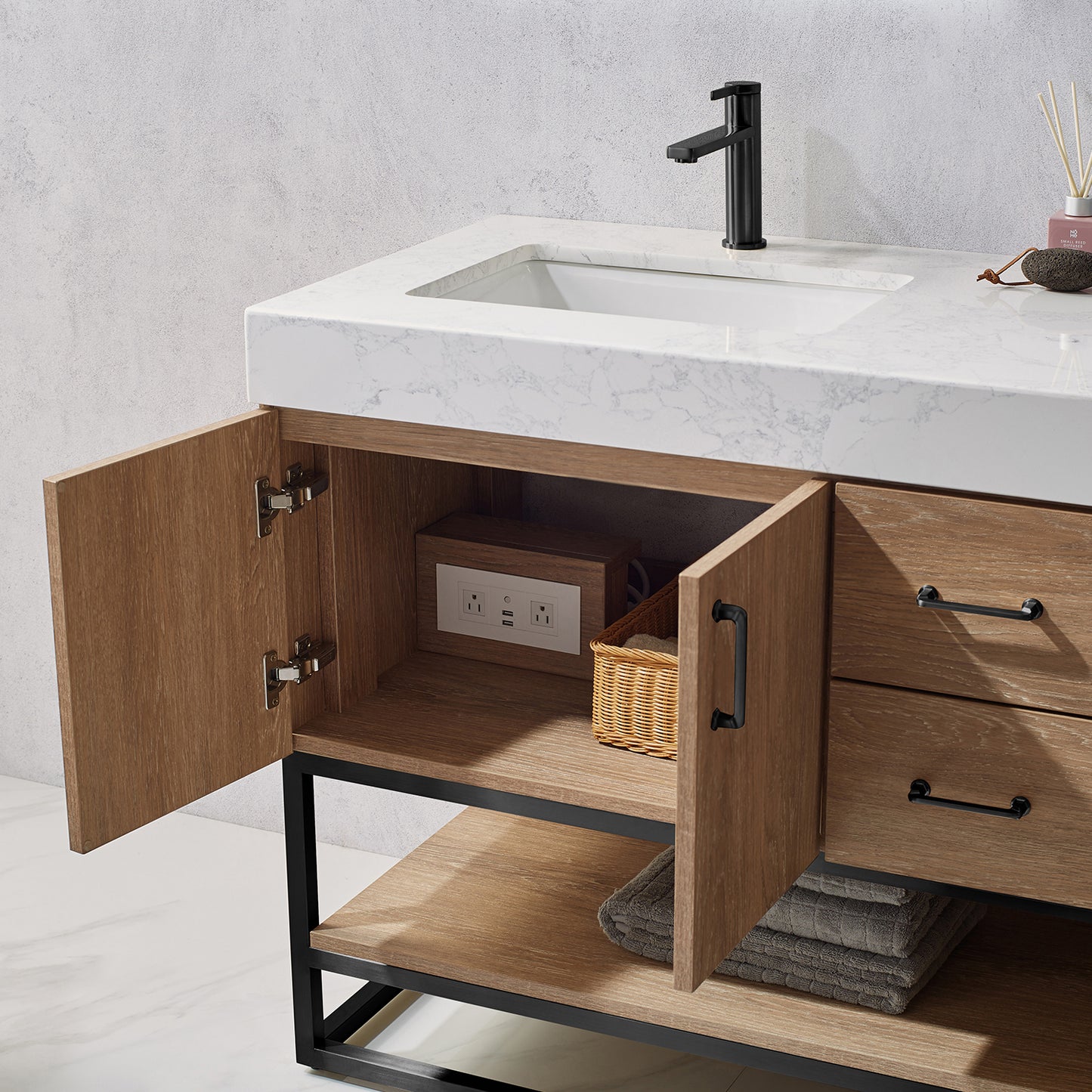 Alistair 60B" Double Vanity in North American Oak with White Grain Stone Countertop With Mirror