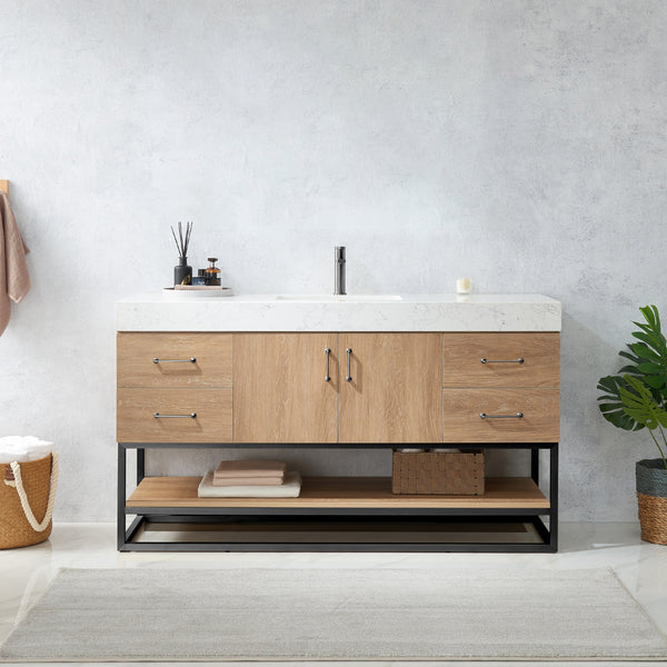 Alistair 60BS Single Sink Bath Vanity in North American Oak with White Grain Stone Countertop