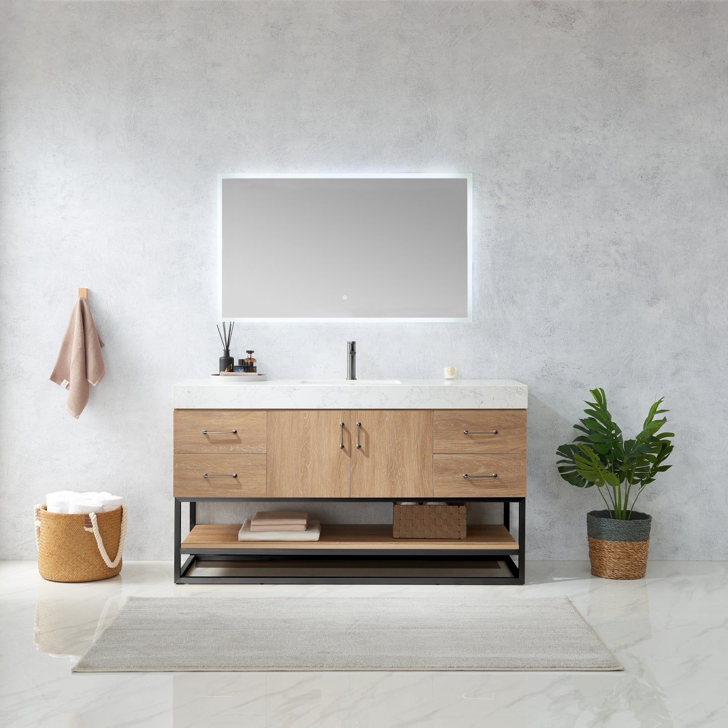 Alistair 60BS" Single Sink Bath Vanity in North American Oak with White Grain Stone Countertop and Mirror