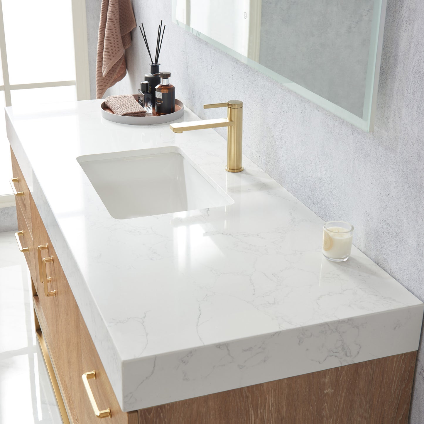 Alistair 60" Single Sink Bath Vanity in North American Oak with White Grain Stone Countertop and Mirror