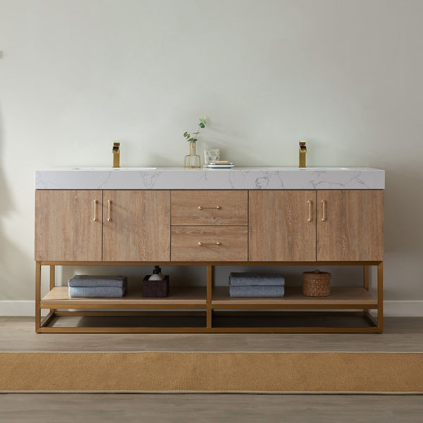 Alistair 72 Double Vanity in North American Oak with White Grain Stone Countertop Without Mirror