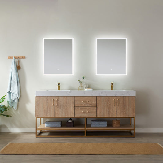 Alistair 72" Double Vanity in North American Oak with White Grain Stone Countertop With Mirror