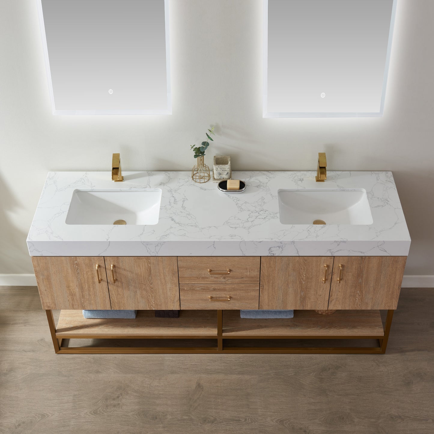Alistair 72" Double Vanity in North American Oak with White Grain Stone Countertop With Mirror